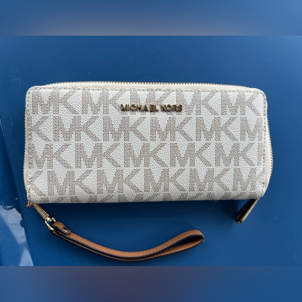 Michael Kors White and Tan Monogram Wallet